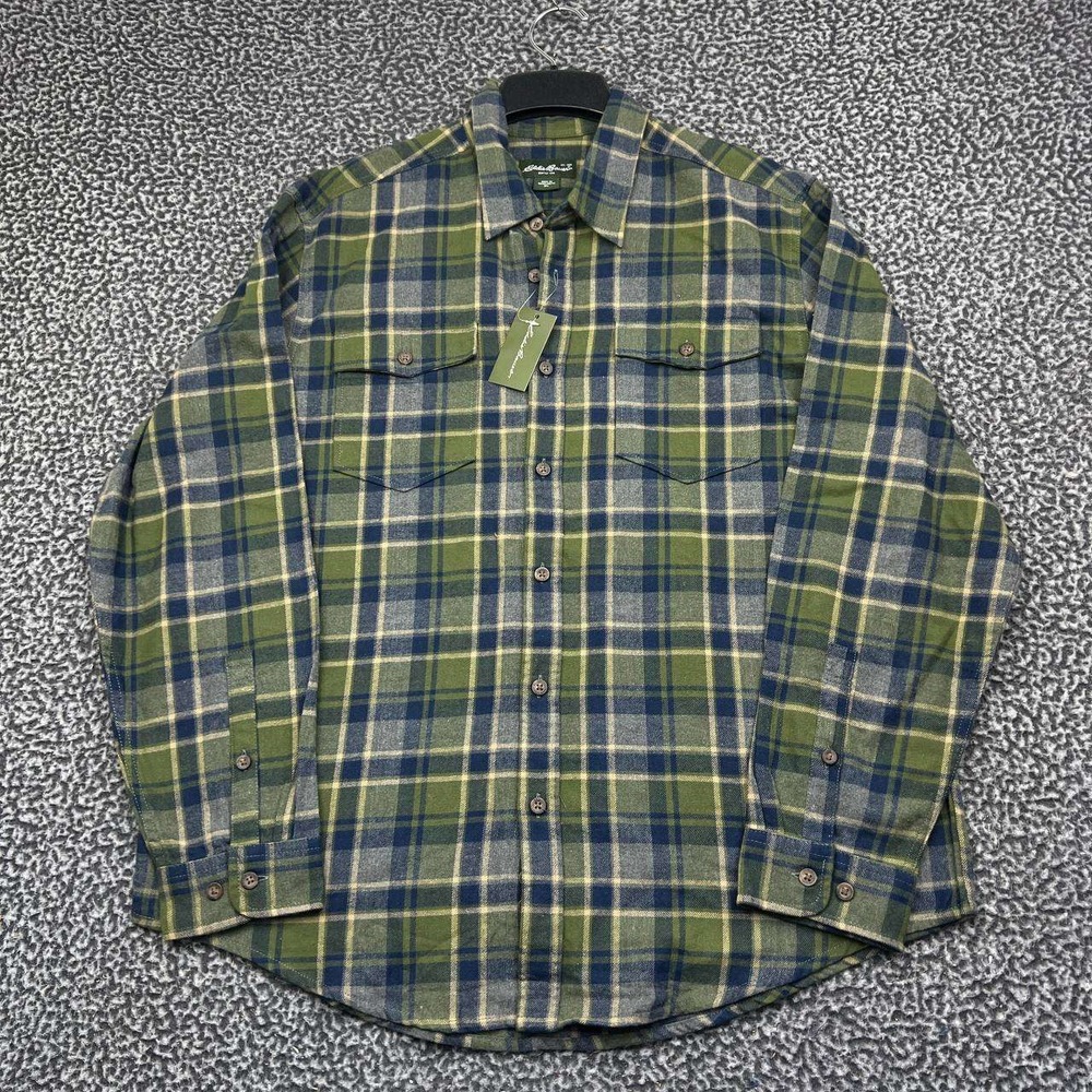 Eddie Bauer Button Up Shirt Men XL Green Navy Blue Plaid Flannel Long Sleeve